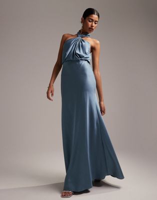 ASOS EDITION satin ruched halter neck maxi dress in dusky blue | ASOS