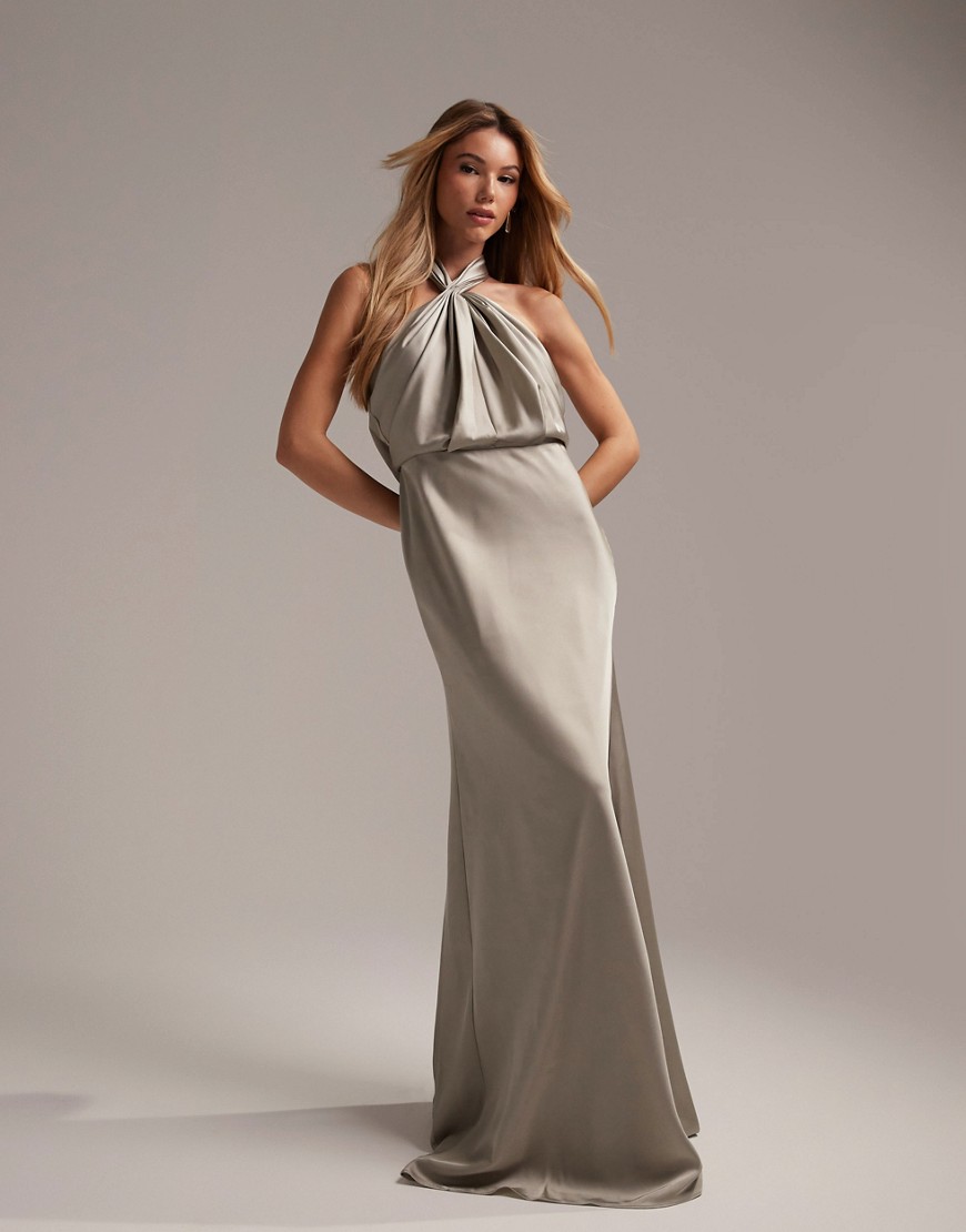 Shop Asos Design Bridesmaid Satin Ruched Halter Neck Maxi Dress In Sage Green