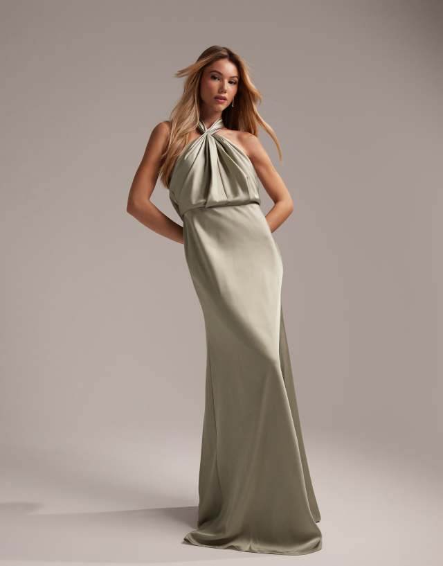 ASOS EDITION satin ruched halter neck maxi dress in sage green