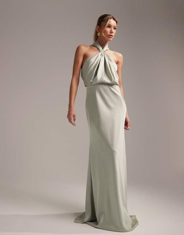 ASOS EDITION satin ruched halter neck maxi dress in sage green