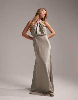 ASOS EDITION satin ruched halter neck maxi dress in sage green - ASOS Price Checker