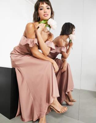 Asos Design Satin Cami Maxi Dress With Square Neck In Cinnamon Rose-copper In Copper