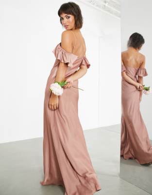 rose satin ruffle strapless dress