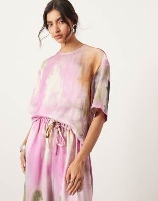 satin short sleeve top in bold watercolor print - part of a set-Multi