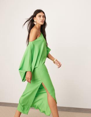 Asos Design Satin Slouchy Off Shoulder Maxi Dress In Green