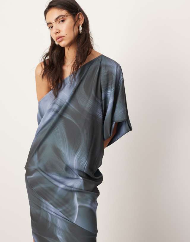 ASOS EDITION - satin slouchy off shoulder maxi dress in grey abstract print