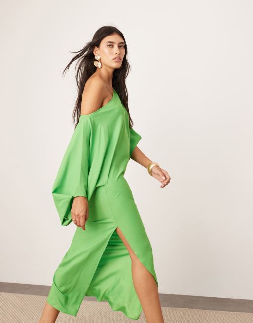 ASOS EDITION satin slouchy off shoulder midi dress in green ASOS