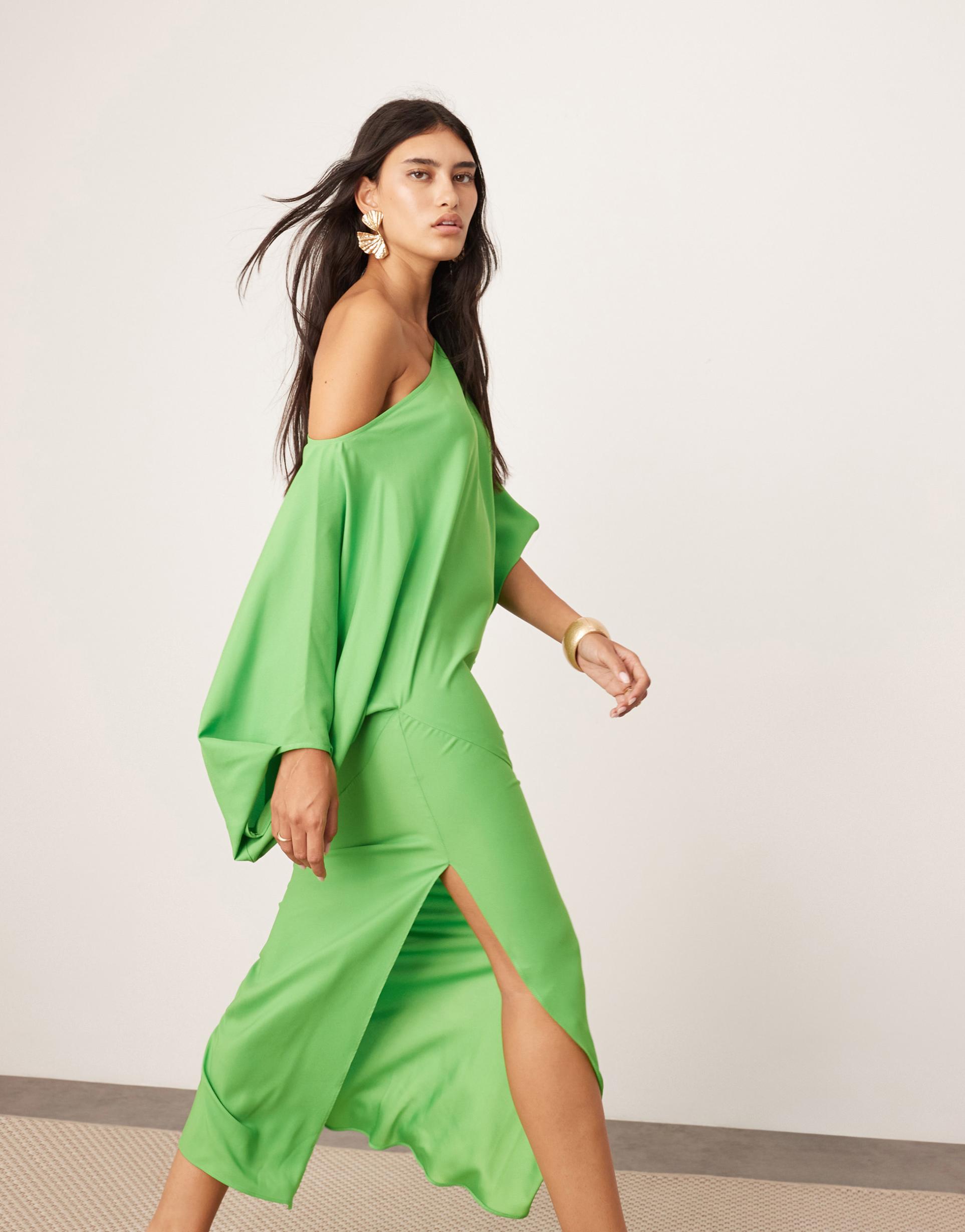 asos edition satin slouchy off the shoulder midi dress in green