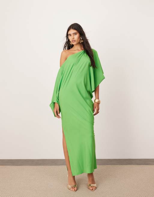 ASOS EDITION satin slouchy off the shoulder midi dress in green