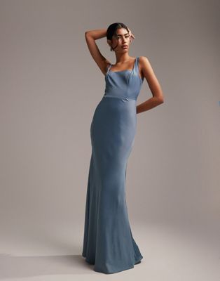 Asos Design Satin Halter Cowl Maxi Dress In Dusky Blue