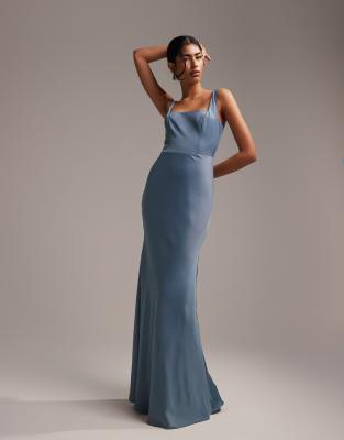 ASOS DESIGN Bridesmaid satin square neck maxi dress in dusky blue