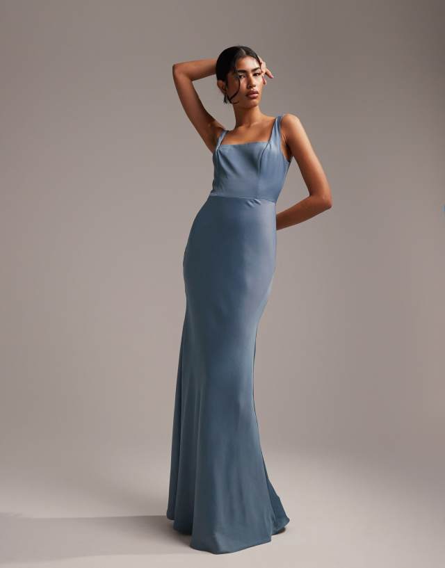 ASOS EDITION satin square neck maxi dress in dusky blue