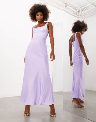 Asos Design Satin Square Neck Maxi Dress In Lilac-purple