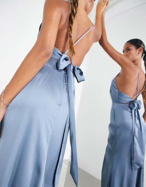 ASOS EDITION satin square neck maxi dress with side split in dusky blue