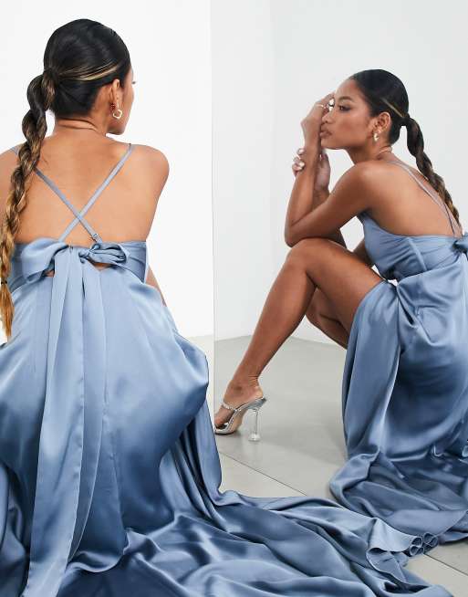 ASOS EDITION satin square neck maxi dress with side split in dusky blue, 3 of 4