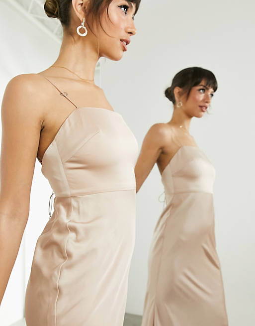 Women satin square neck maxi dress with tie back in caramel 