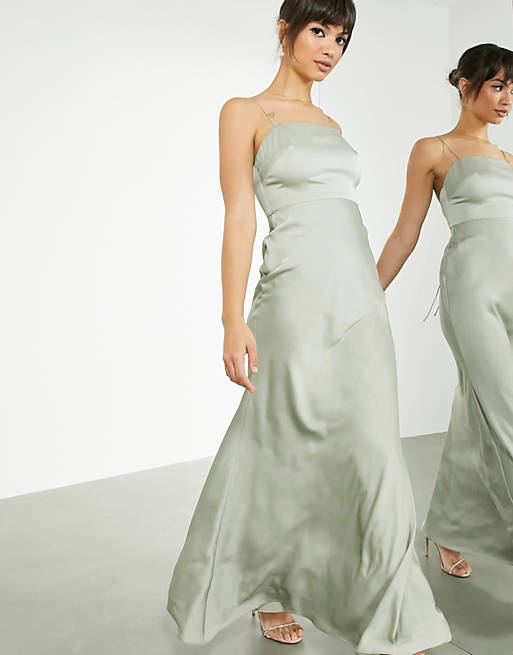  satin square neck maxi dress with tie back in sage green 