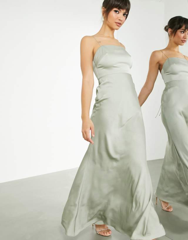 ASOS EDITION satin square neck maxi dress with tie back in sage green