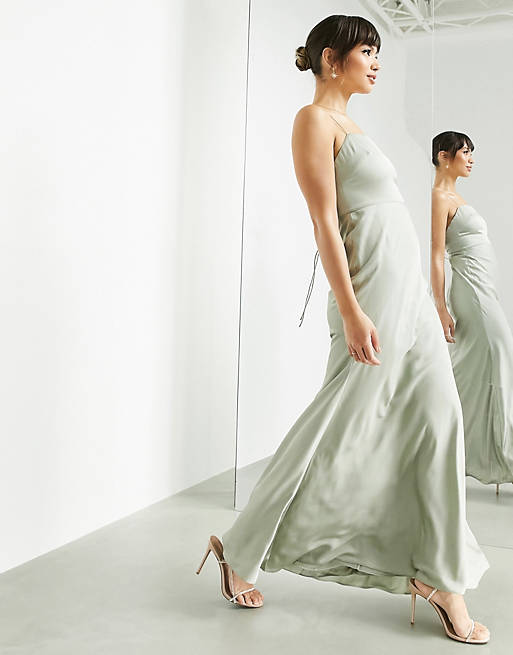  satin square neck maxi dress with tie back in sage green 