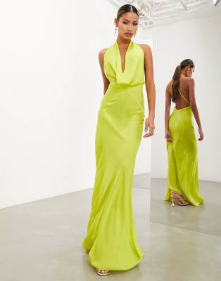 Asos Design Satin Statement Cowl Neck Maxi Dress In Lime Green