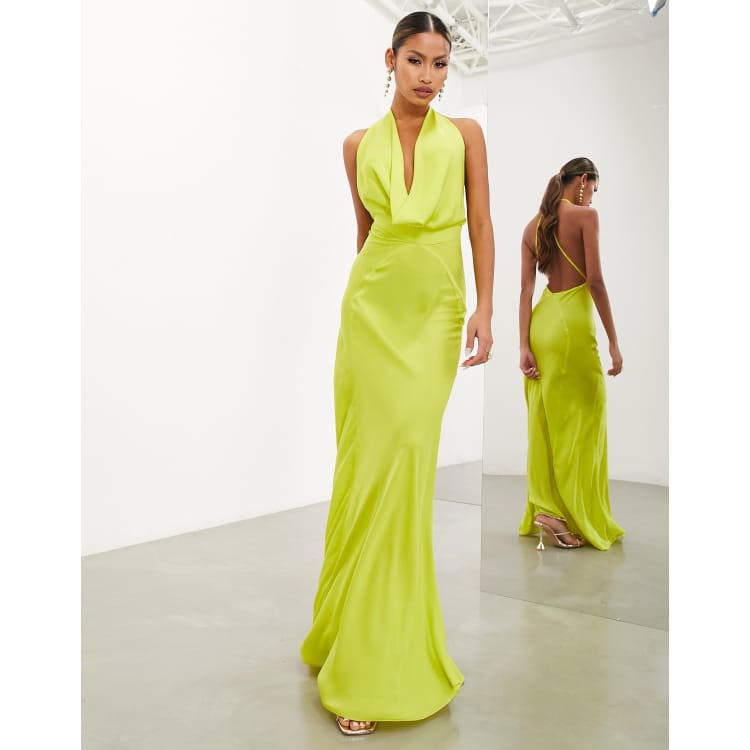 ASOS EDITION satin statement cowl neck maxi dress in lime green ASOS