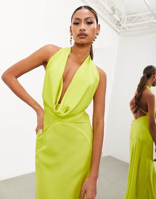 Green Satin Strappy Tie Front Maxi Dress | SilkFred US