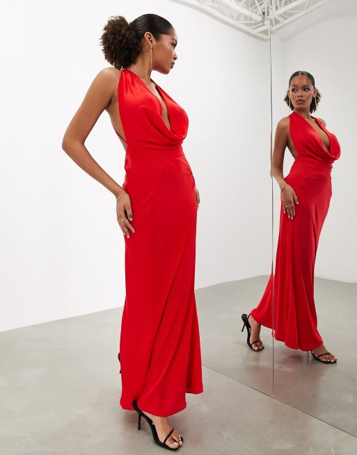 Kristen Red | Fitted Maxi Dress w/ Cowl Neck