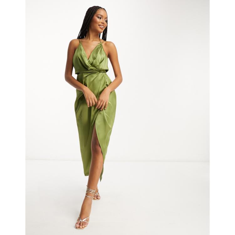 ASOS EDITION satin strappy back drape cami midi dress in olive green