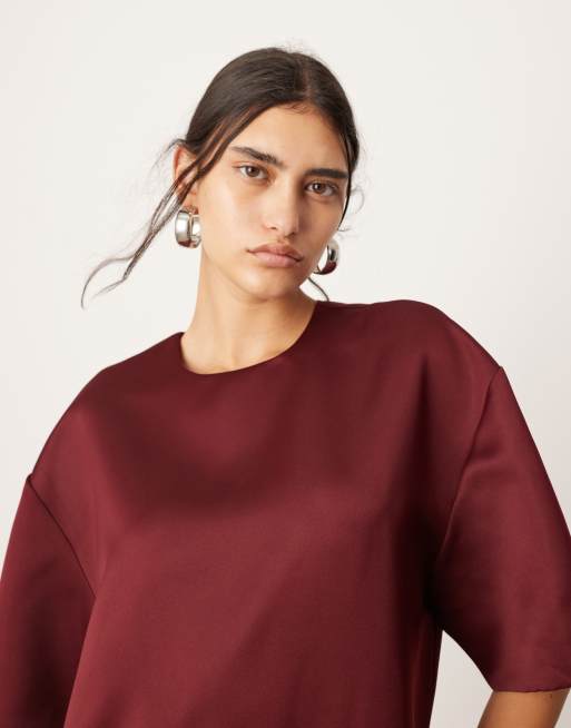 ASOS EDITION satin structured boxy T-shirt mini dress with pockets in  burgundy