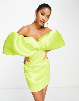 ASOS EDITION satin twill off shoulder mini dress with twist bust detail in chartreuse | ASOS
