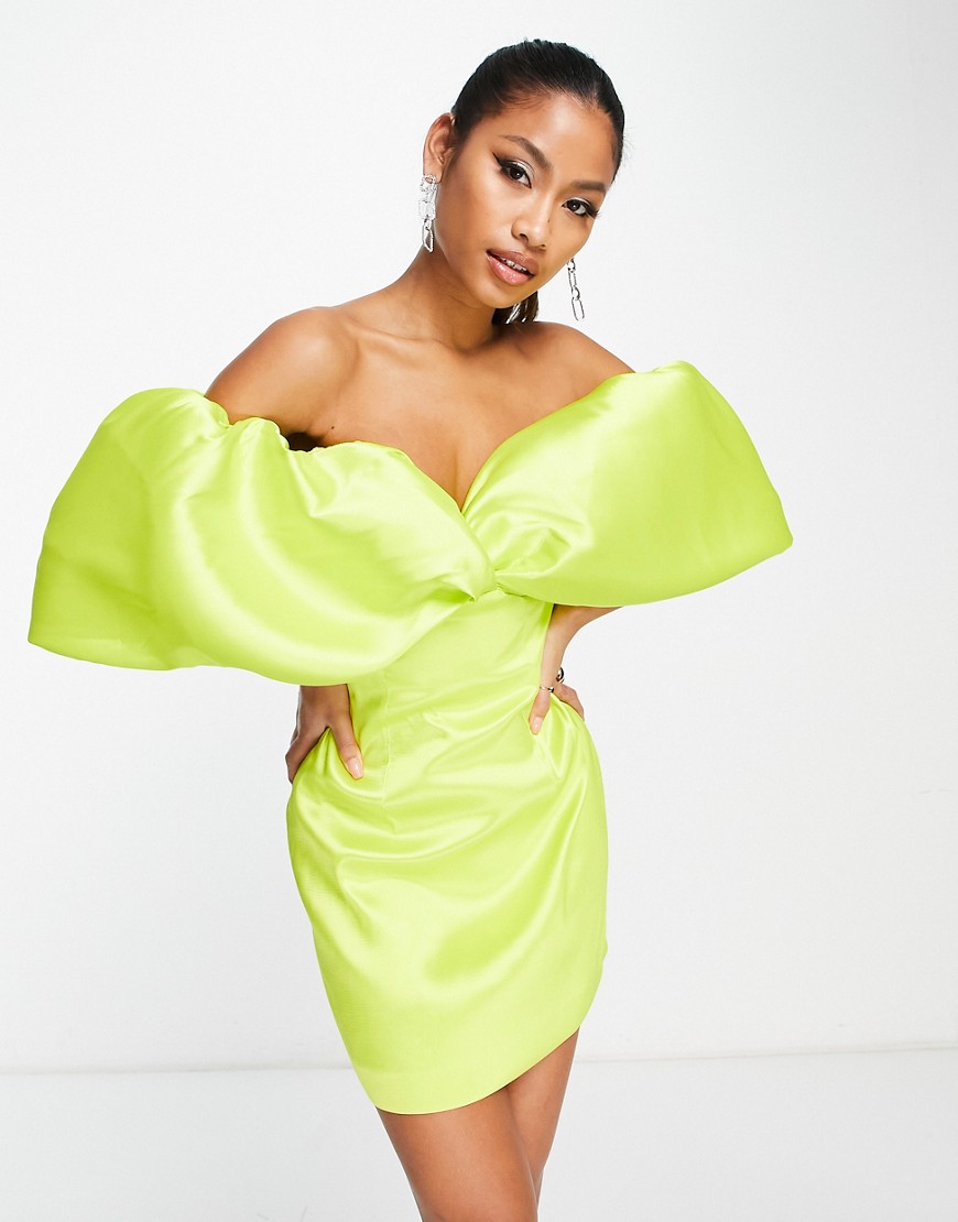 Asos Design Satin Twill Off Shoulder Mini Dress With Twist Bust Detail In Chartreuse-yellow