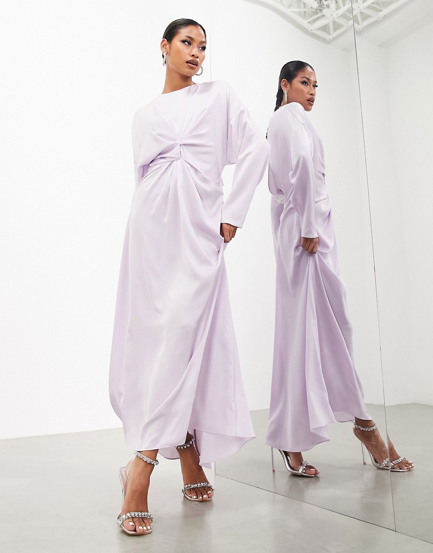 Asos Design Satin Twist Detail Long Sleeve Maxi Dress In Pale Lilac-purple