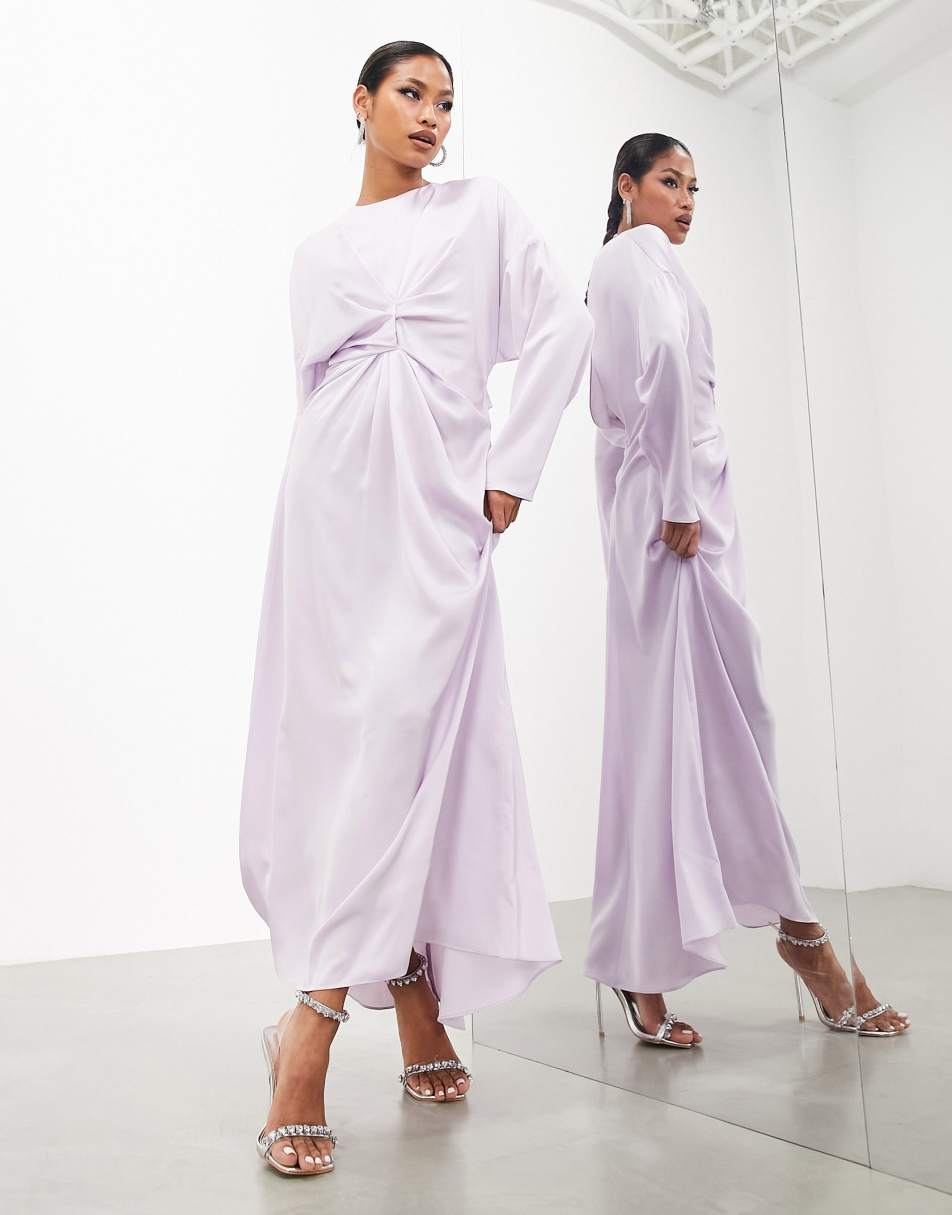 ASOS EDITION satin twist detail long sleeve maxi dress in pale lilac