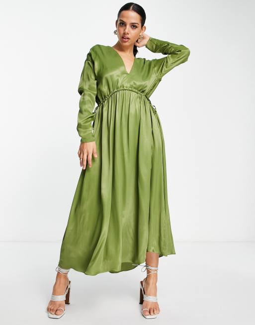 ASOS EDITION satin v neck oversized midi dress with drawstring in olive  green