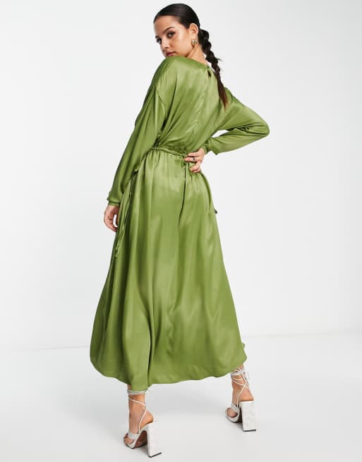 ASOS EDITION knitted wrap blouson sleeve wrap maxi dress in khaki