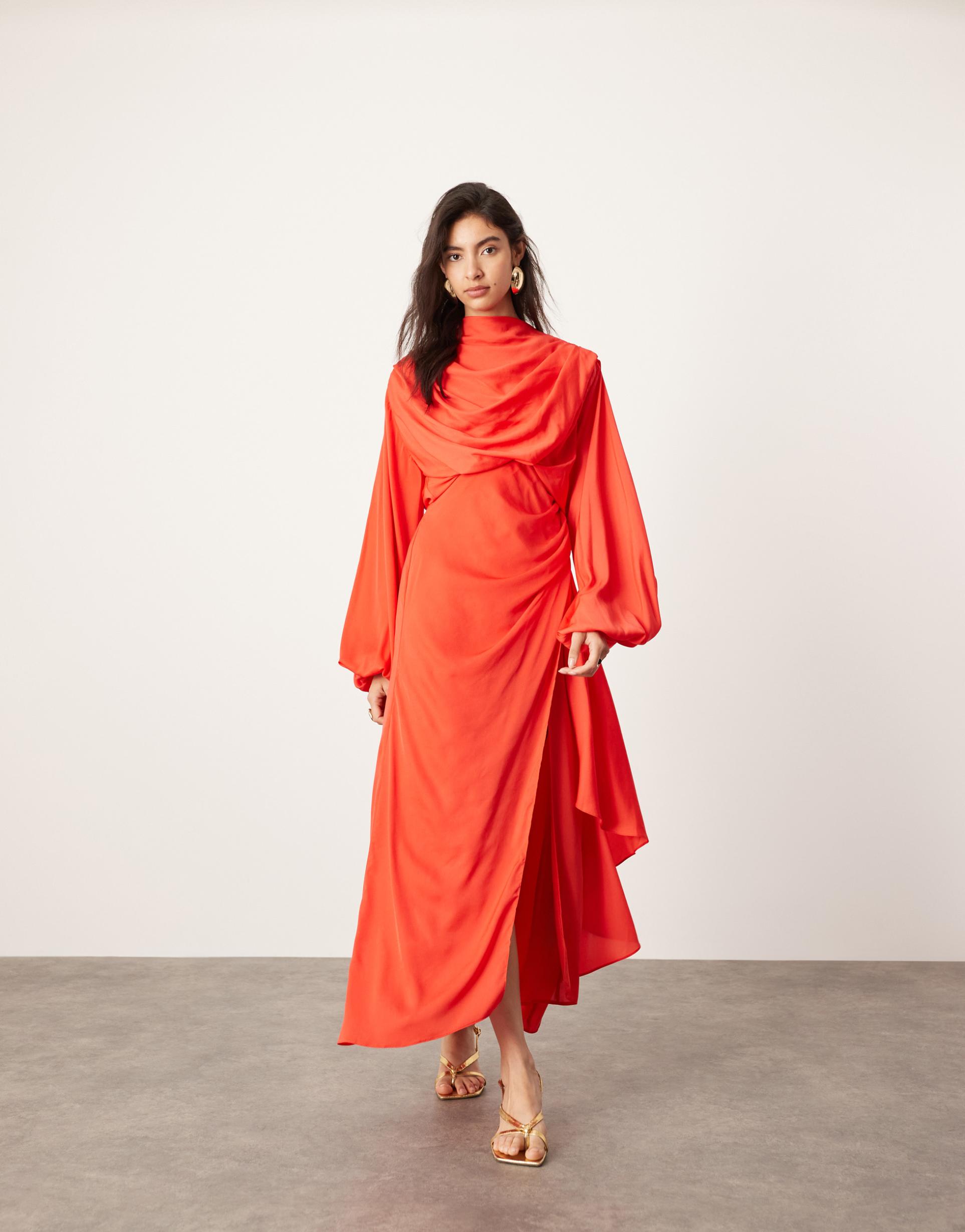 asos edition satin volume blouson sleeve midi dress in red