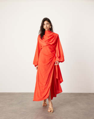 ASOS EDITION ASOS EDITION satin volume blouson sleeve satin midi dress in red