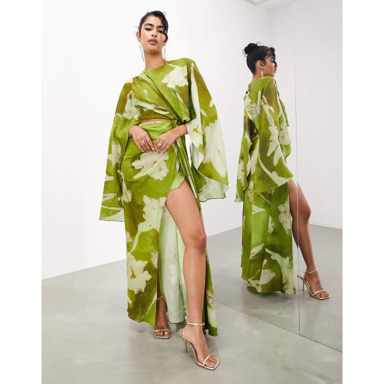 ASOS EDITION satin volume flare sleeve grecian cut out maxi dress in green floral