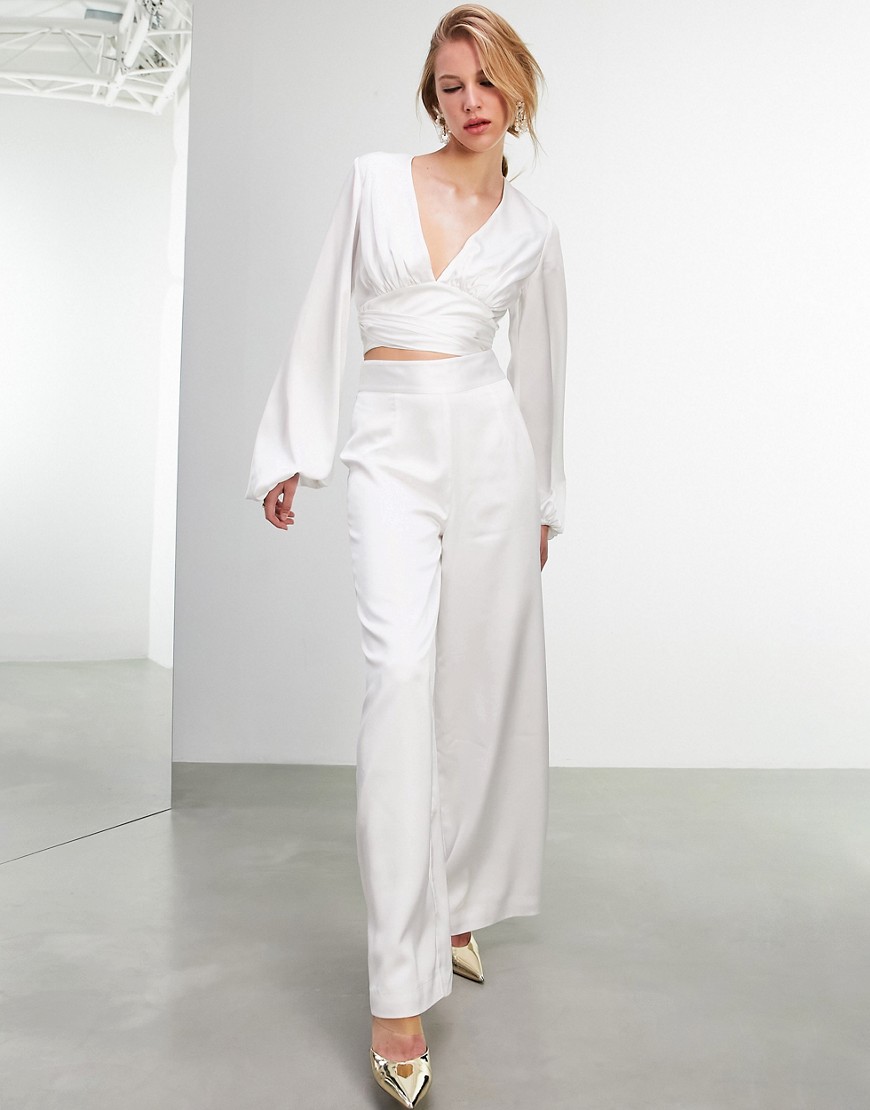 ASOS Edition satin wide leg pants in ivory-White