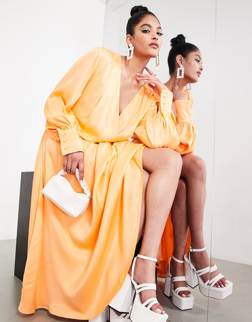 satin wrap front maxi dress in marigold-Orange