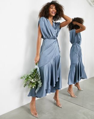 ASOS DESIGN BRIDESMAID SATIN WRAP MIDI DRESS WITH RUCHED DETAIL IN DUSKY BLUE