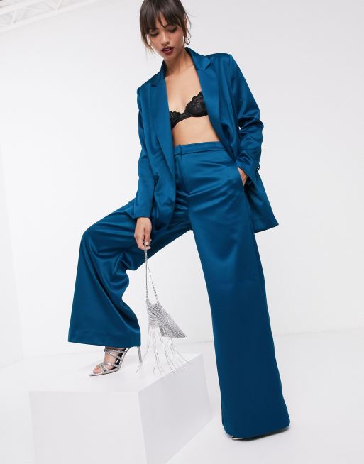 ASOS EDITION – Blaues Satinset mit zweireihiger Jacke und weitgeschnittner Hose, 3 von 3