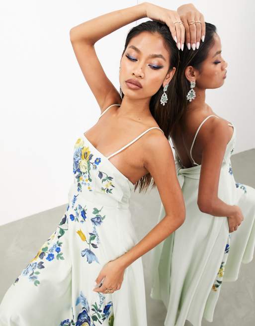 ASOS Edition – Satynowa sukienka maxi na ramiączkach w kolorze szałwiowej zieleni w kwiatowy wzór haftowany