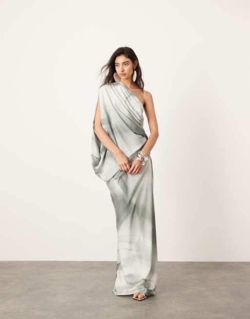 ASOS Edition – Satynowa sukienka maxi oversize na jedno ramię w marmurkowy wzór