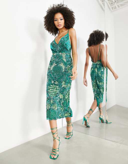 ASOS EDITION scallop embellished jewel and sequin cami midi dress in green ASOS