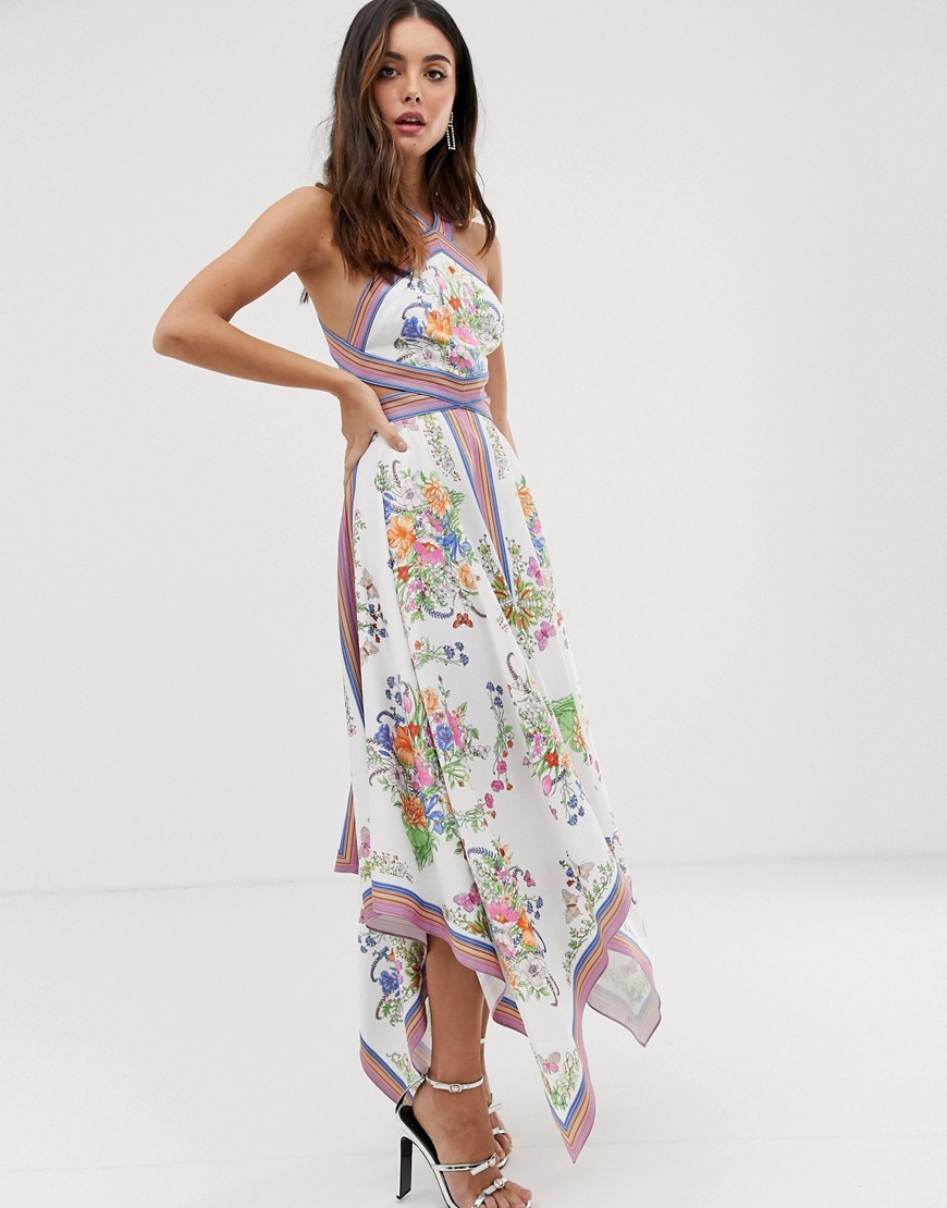 ASOS EDITION scarf print halter midi dress with cutout sides-Multi