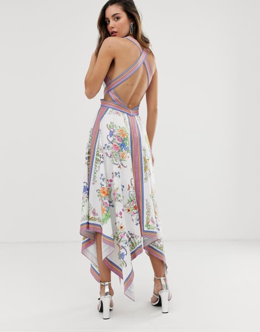 asos edition scarf print halter midi dress with cutout sides