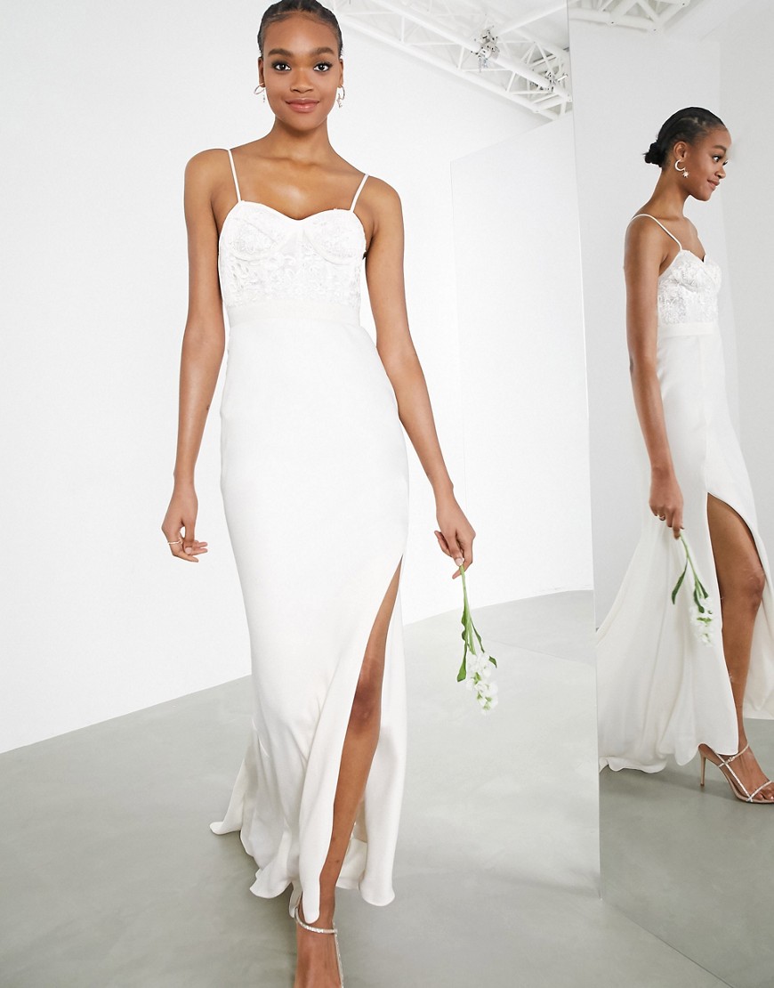 ASOS EDITION Scarlet embellished lace corset wedding dress with satin skirt in ivory-White