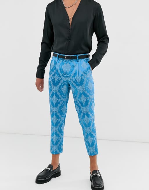 Fodesep Edition Schmale Kurz Geschnittene Anzughose Aus Blauem Jacquard Fodesep