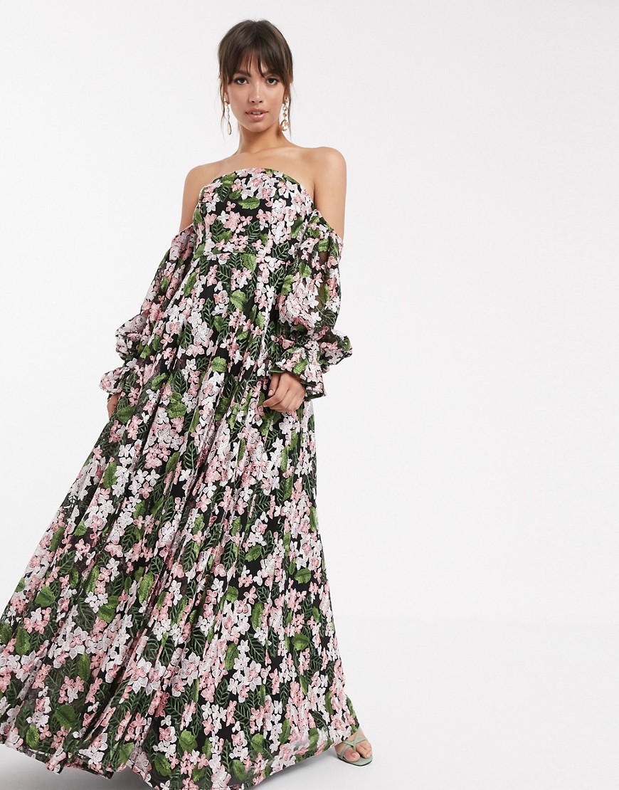 ASOS EDITION - Schouderloze lange jurk met borduursel-Multi